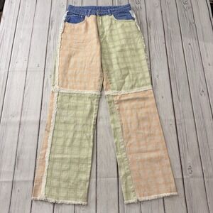 Ragged Jeans Patchwork Wide Leg Pants Plaid Raw Hem Colorblock Size 28 Women‎